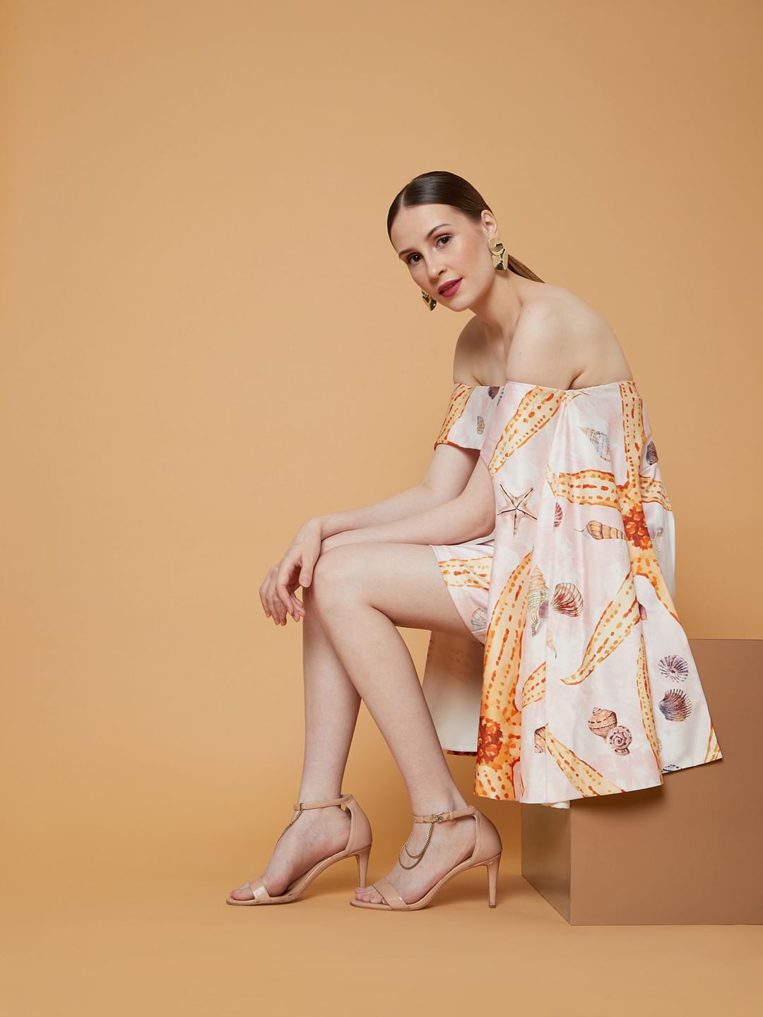 Marquee White Off Shoulder Printed Dress