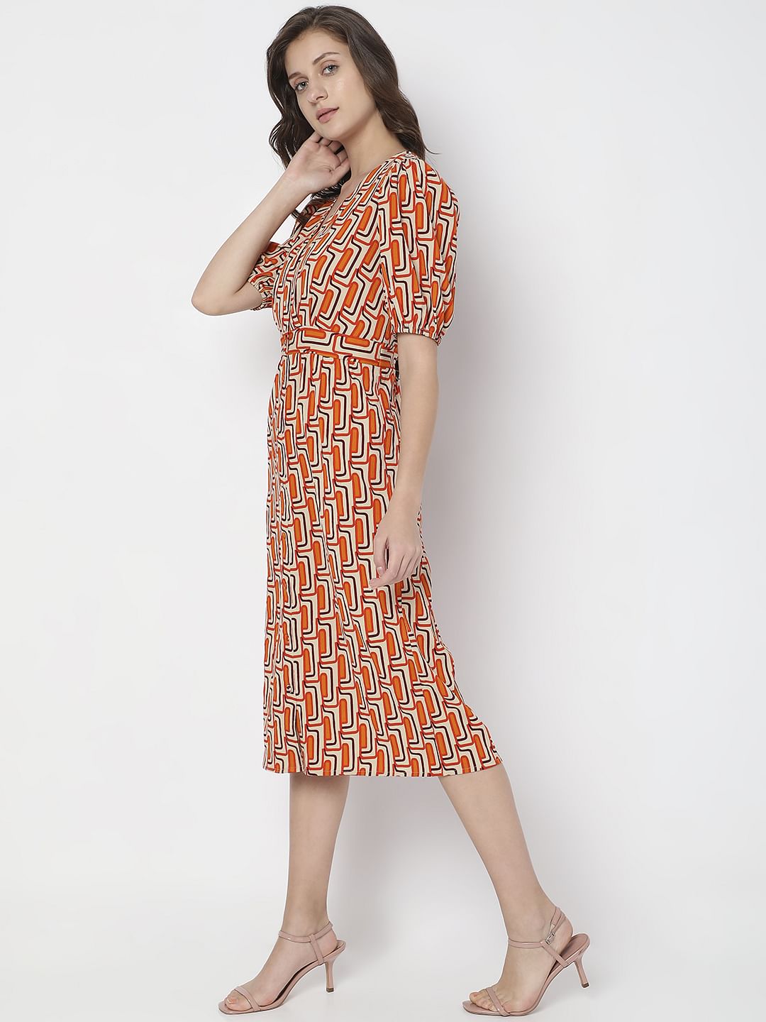 Orange Printed Midi Dress