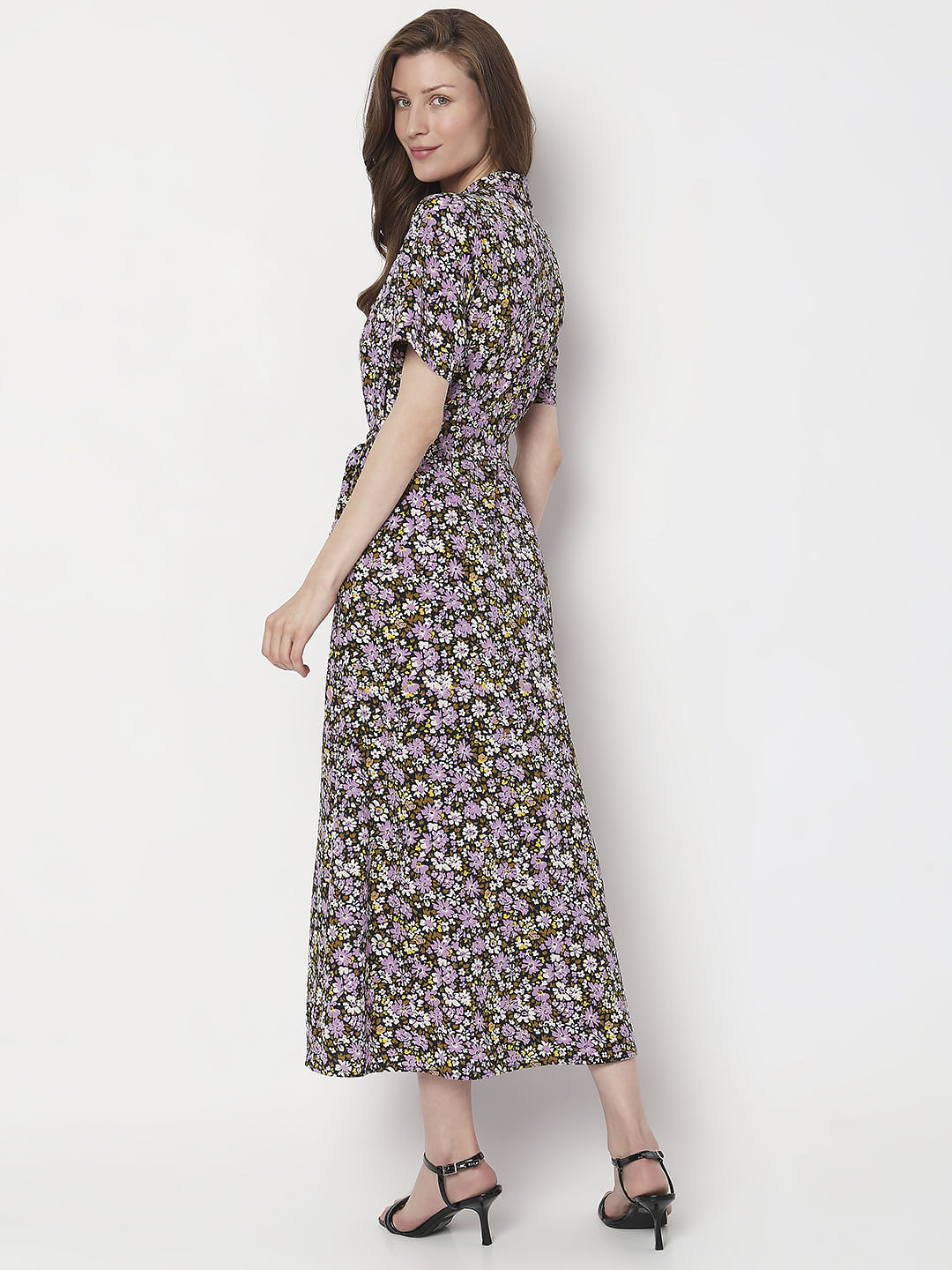 Purple Floral Print Shirt Dress