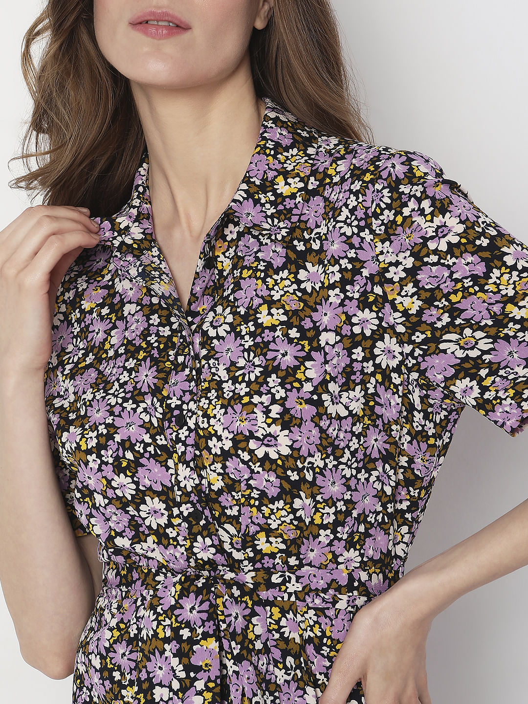 Purple Floral Print Shirt Dress