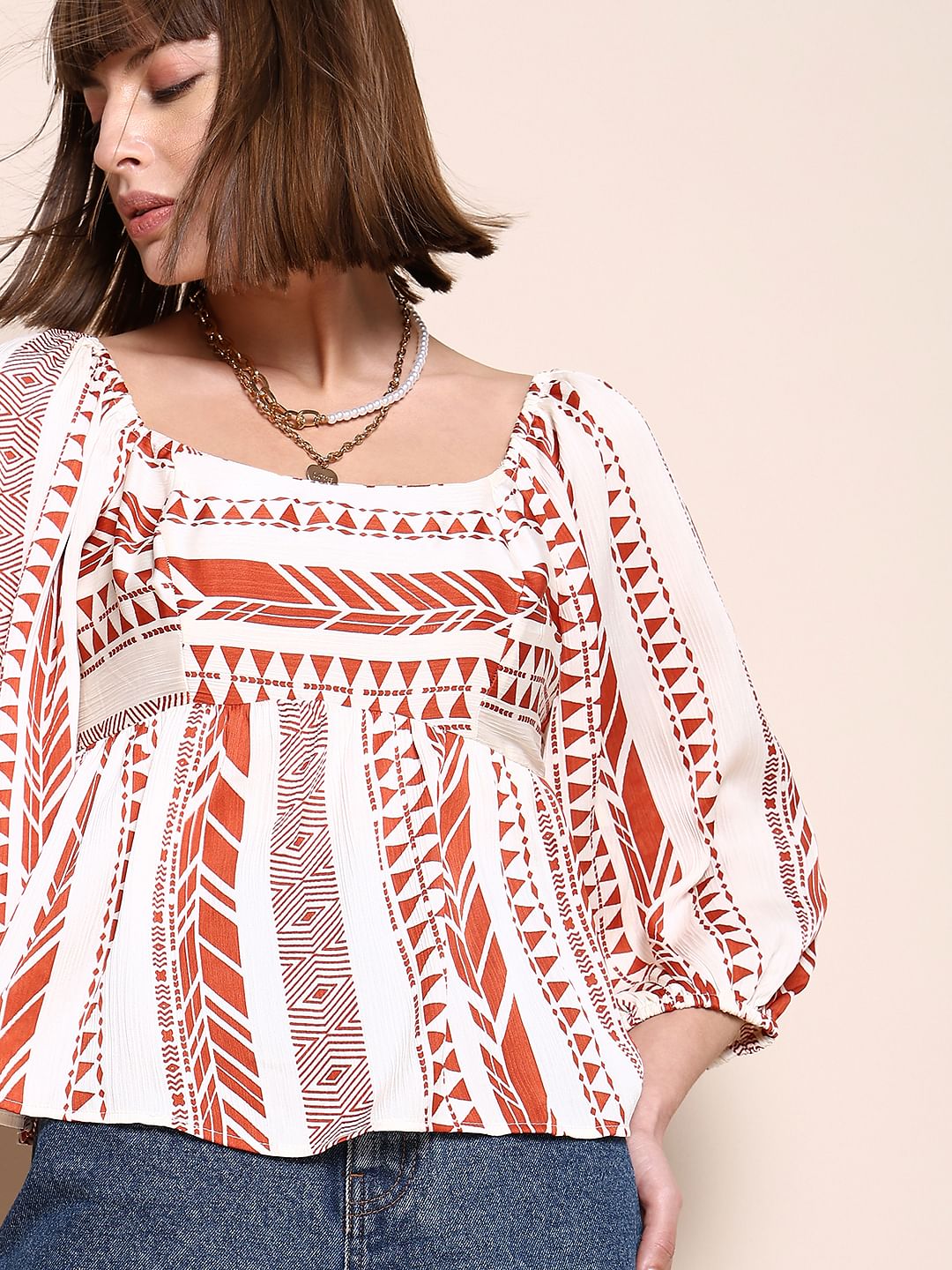 Orange Aztec Print Satin Peplum Top