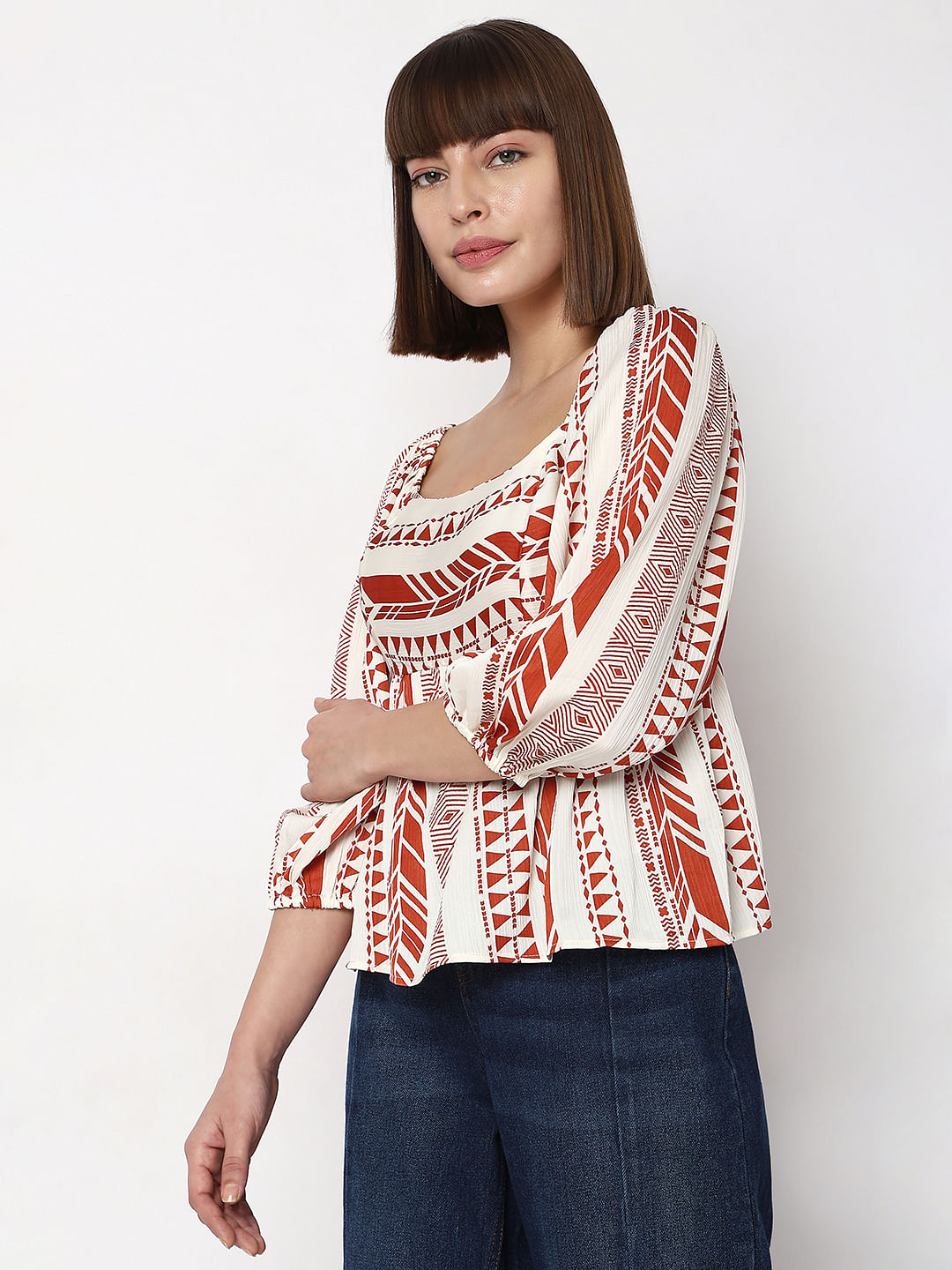 Orange Aztec Print Satin Peplum Top