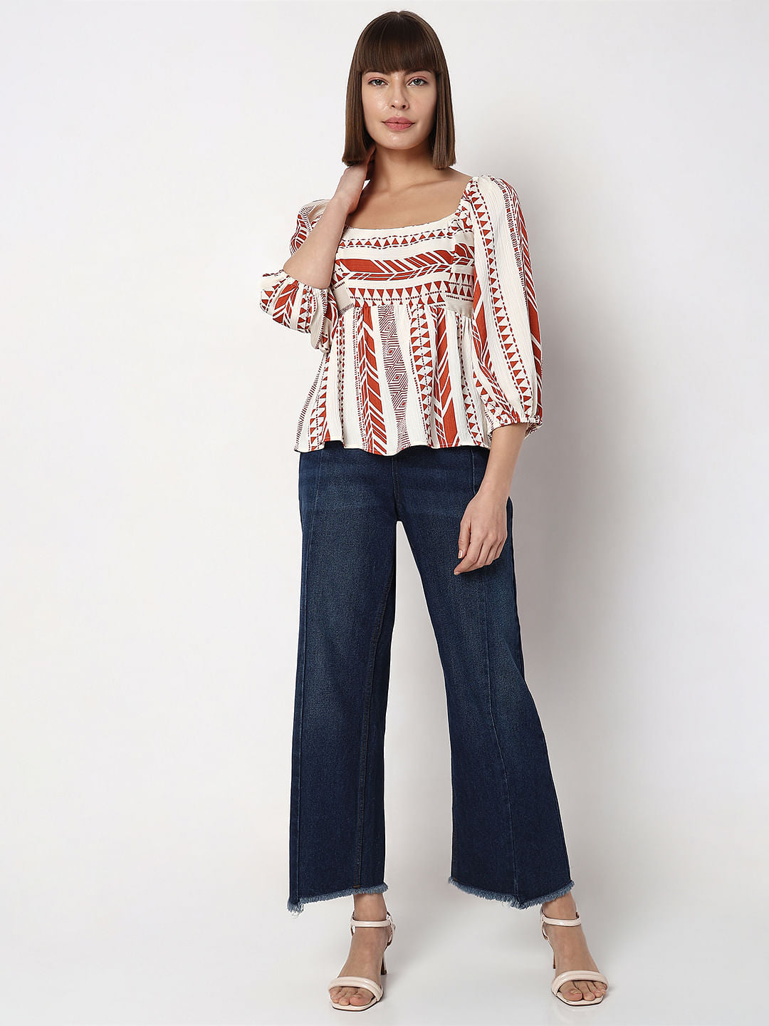 Orange Aztec Print Satin Peplum Top
