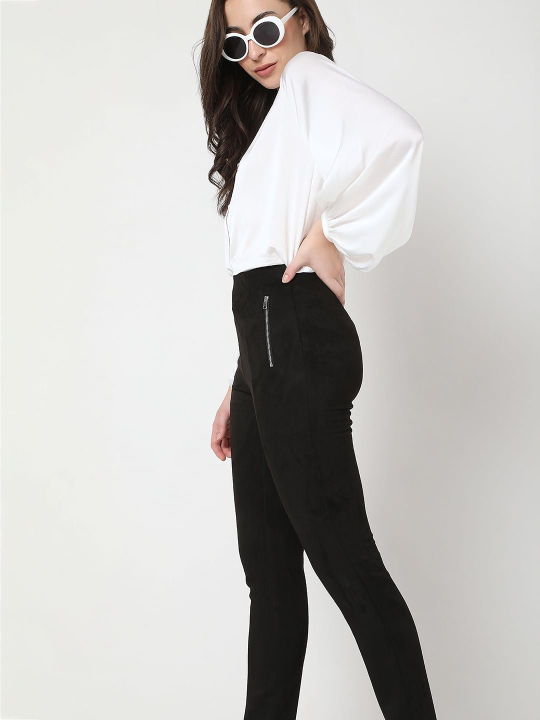 Black High Rise Suede Skinny Leggings