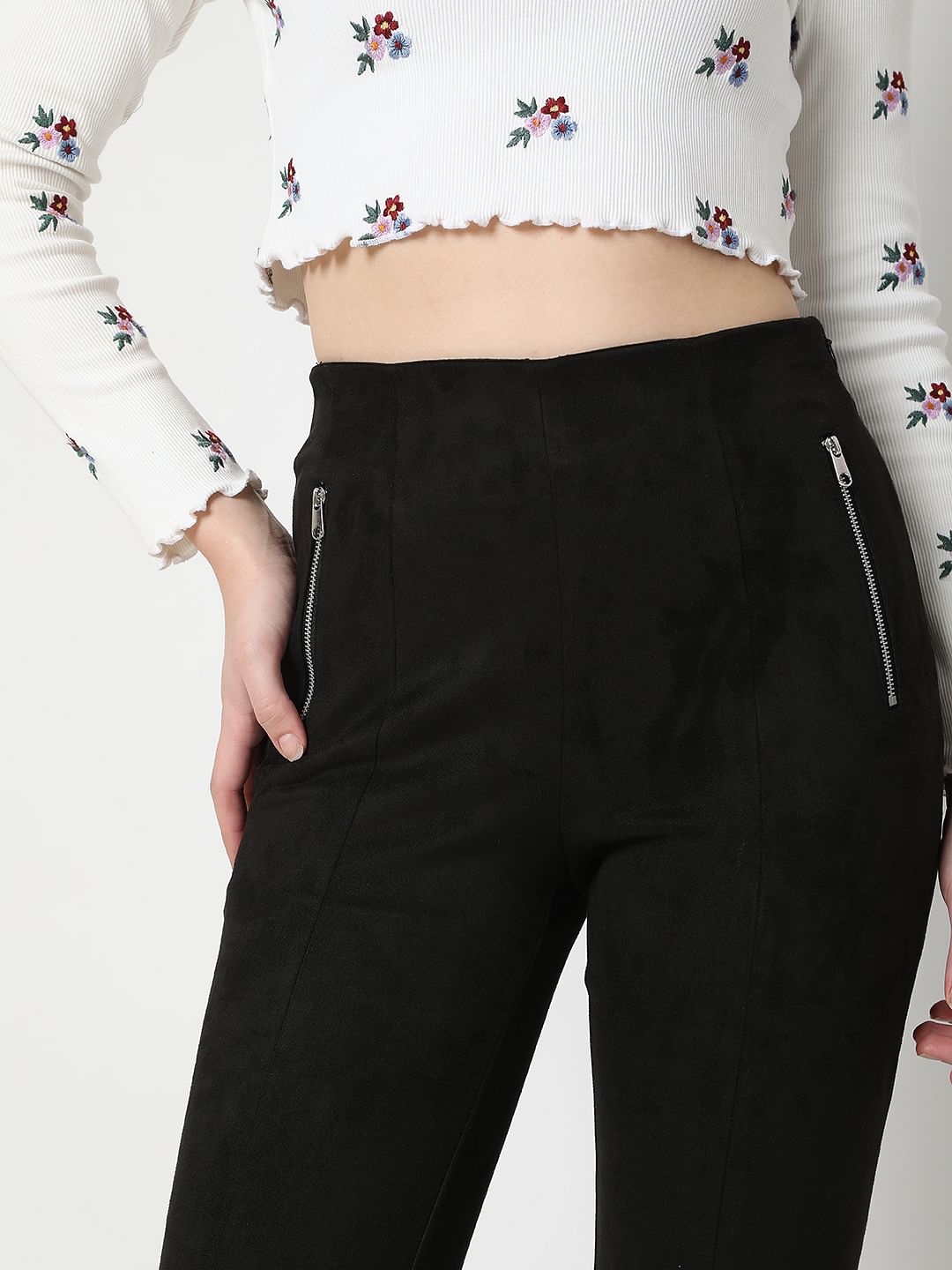 Black High Rise Suede Skinny Leggings