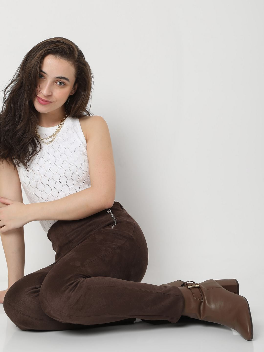 Brown High Rise Suede Skinny Leggings