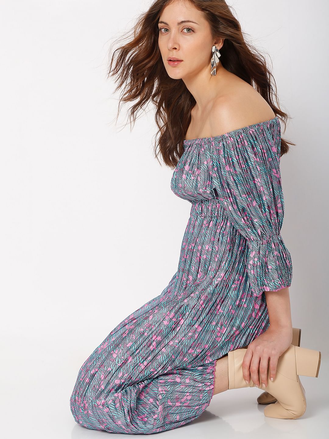 Pink Floral Off-Shoulder Satin Dress