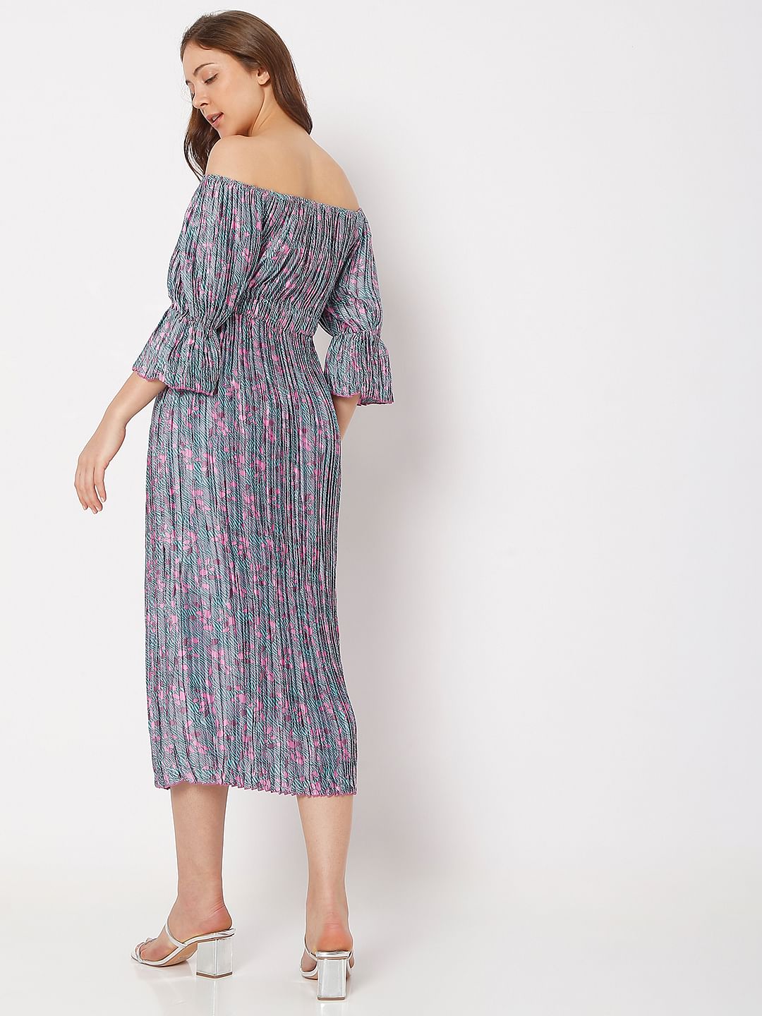 Pink Floral Off-Shoulder Satin Dress