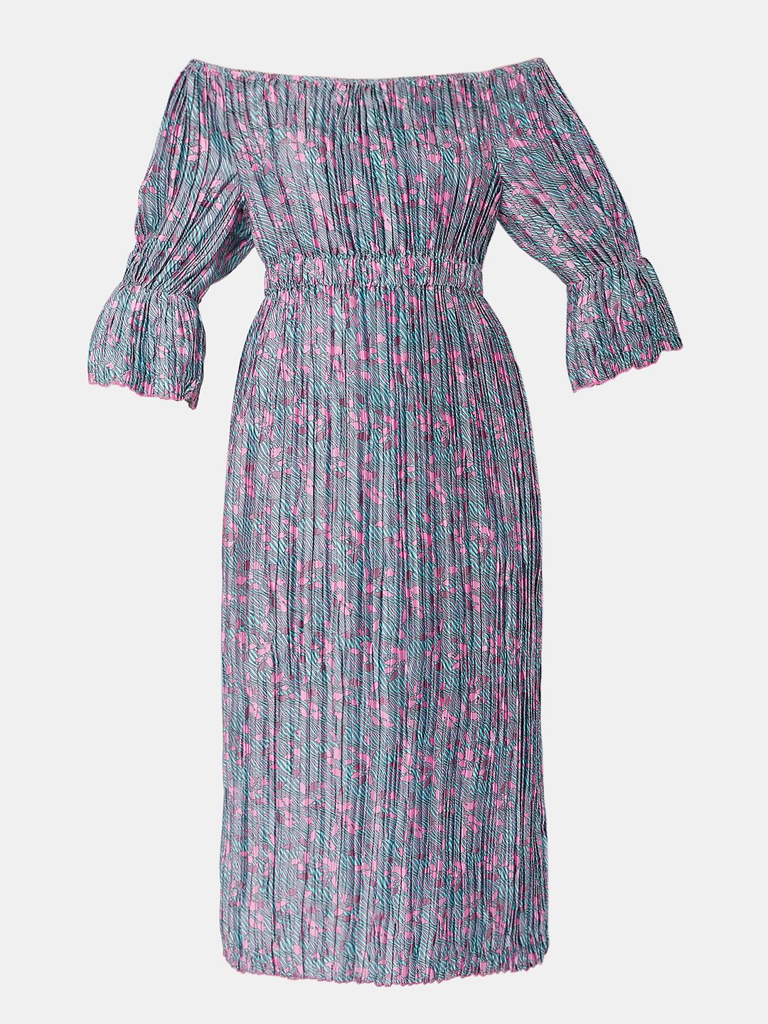 Pink Floral Off-Shoulder Satin Dress