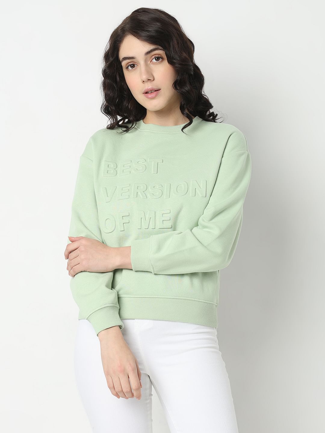 Light Green Embossed Text Sweatshirt