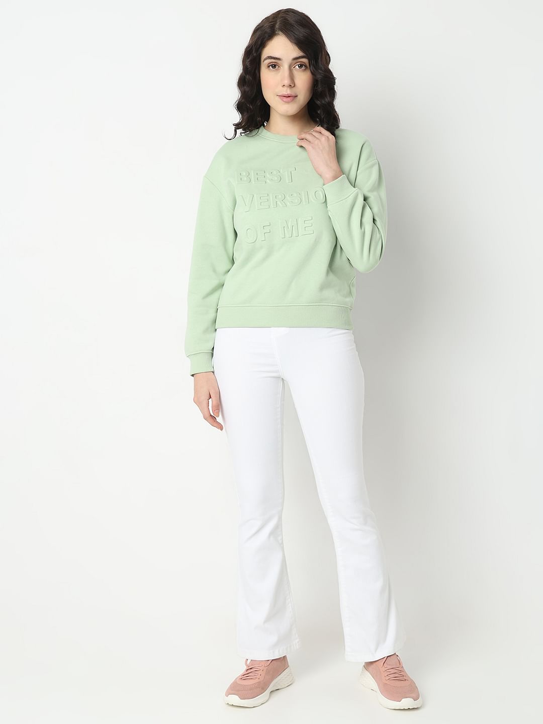 Light Green Embossed Text Sweatshirt