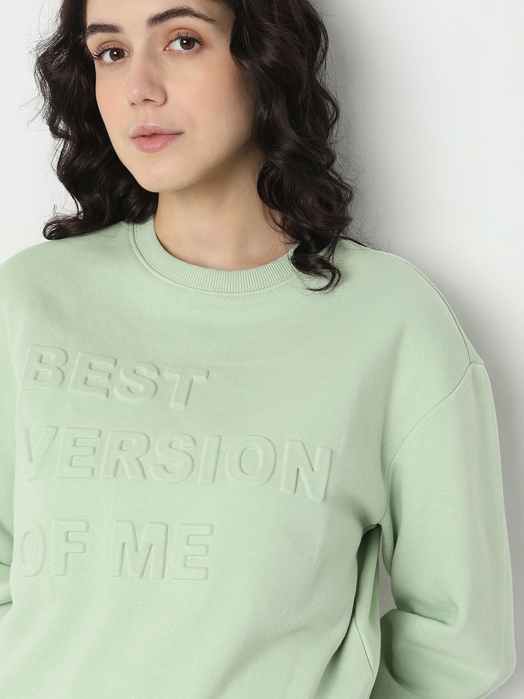 Light Green Embossed Text Sweatshirt
