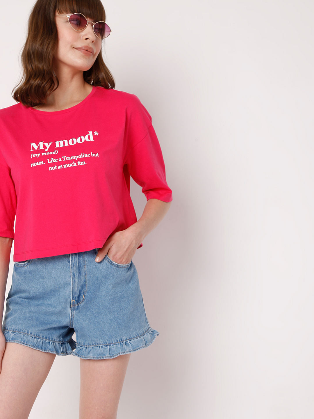 Fuchsia Slogan Print Cropped T-Shirt - XS
