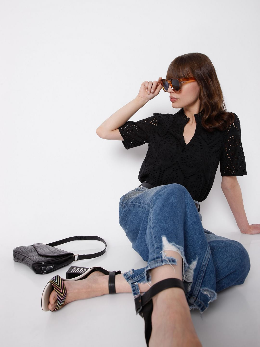 Black Schiffli Embroidered Top