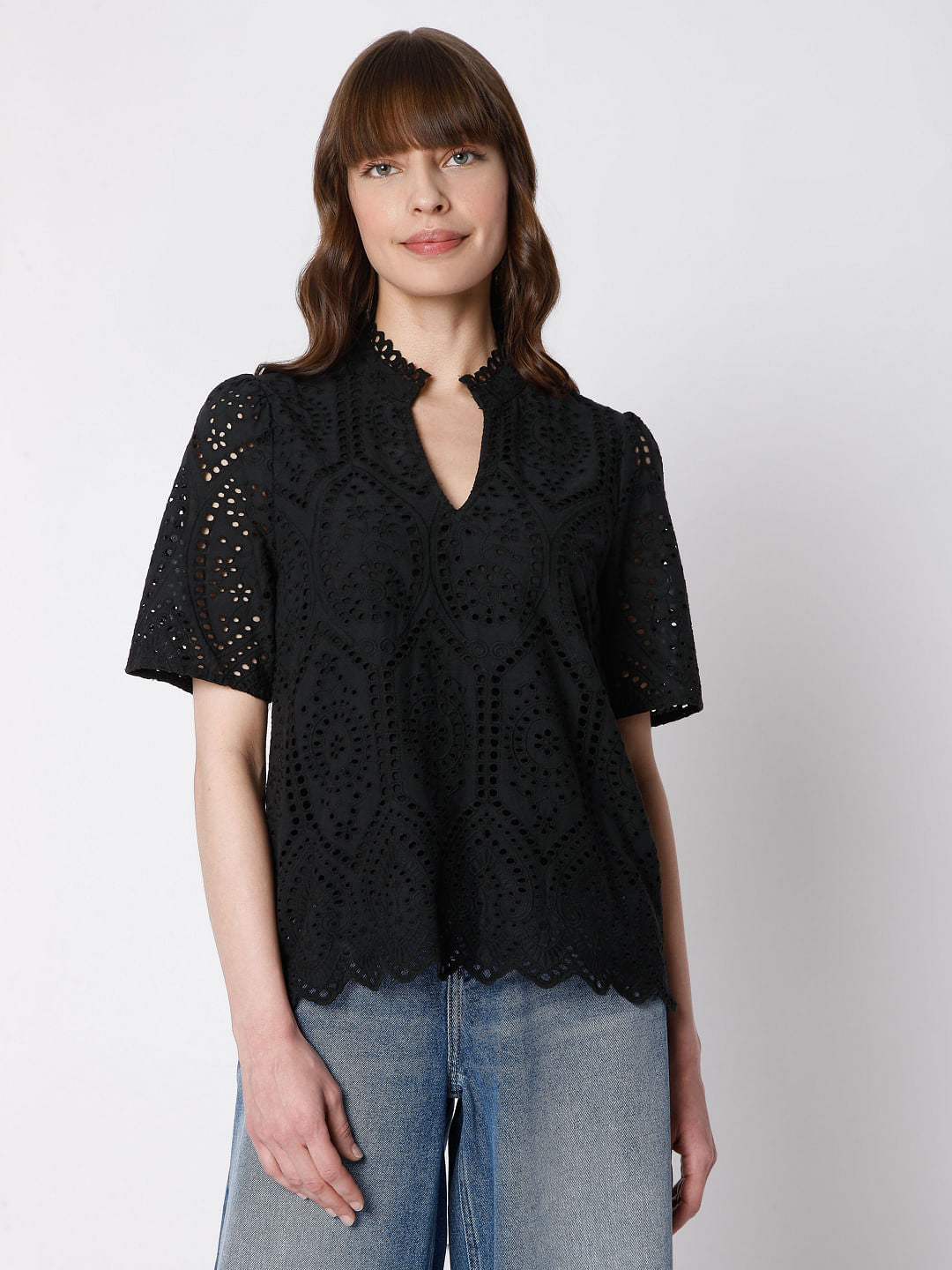 Black Schiffli Embroidered Top