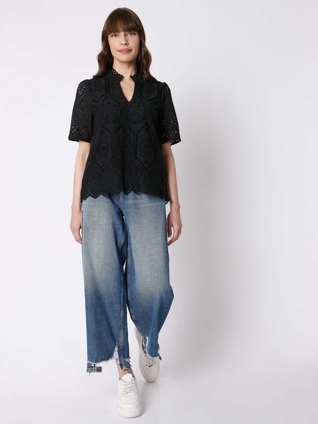 Black Schiffli Embroidered Top