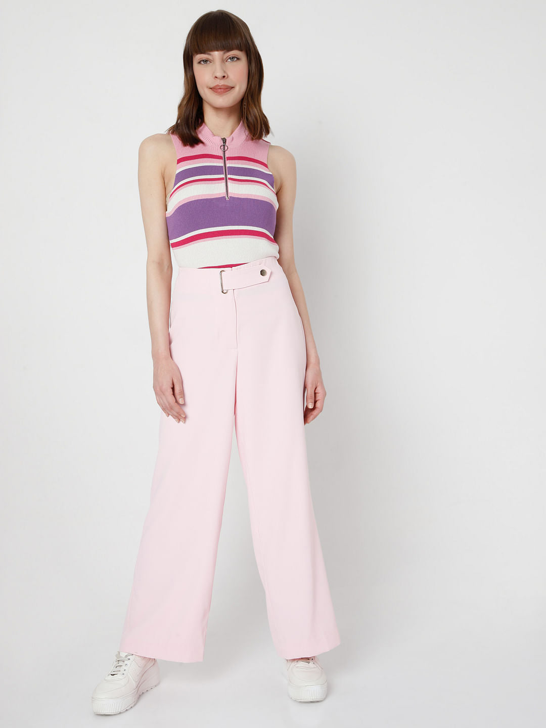 Pink High Rise Belted Co-Ord Set Pants