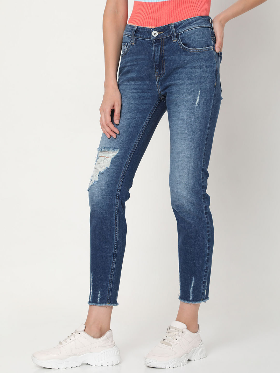 Blue Mid Rise Distressed Wendy Skinny Jeans