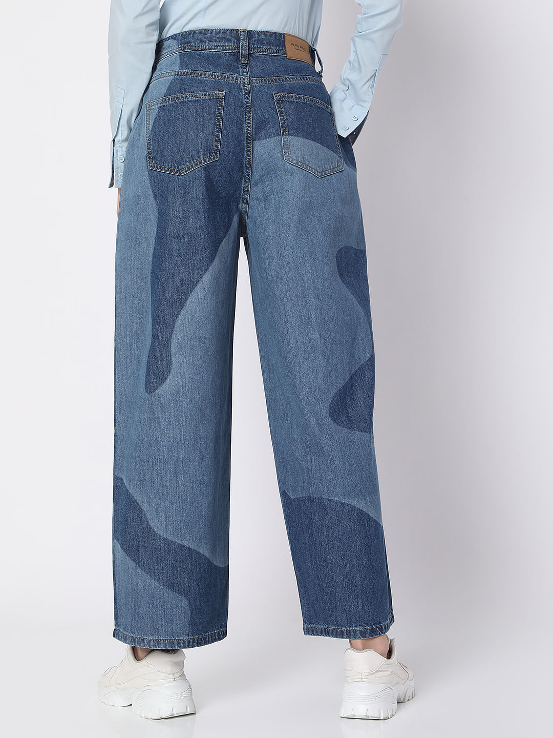 Blue High Rise Printed Wide Leg Jeans