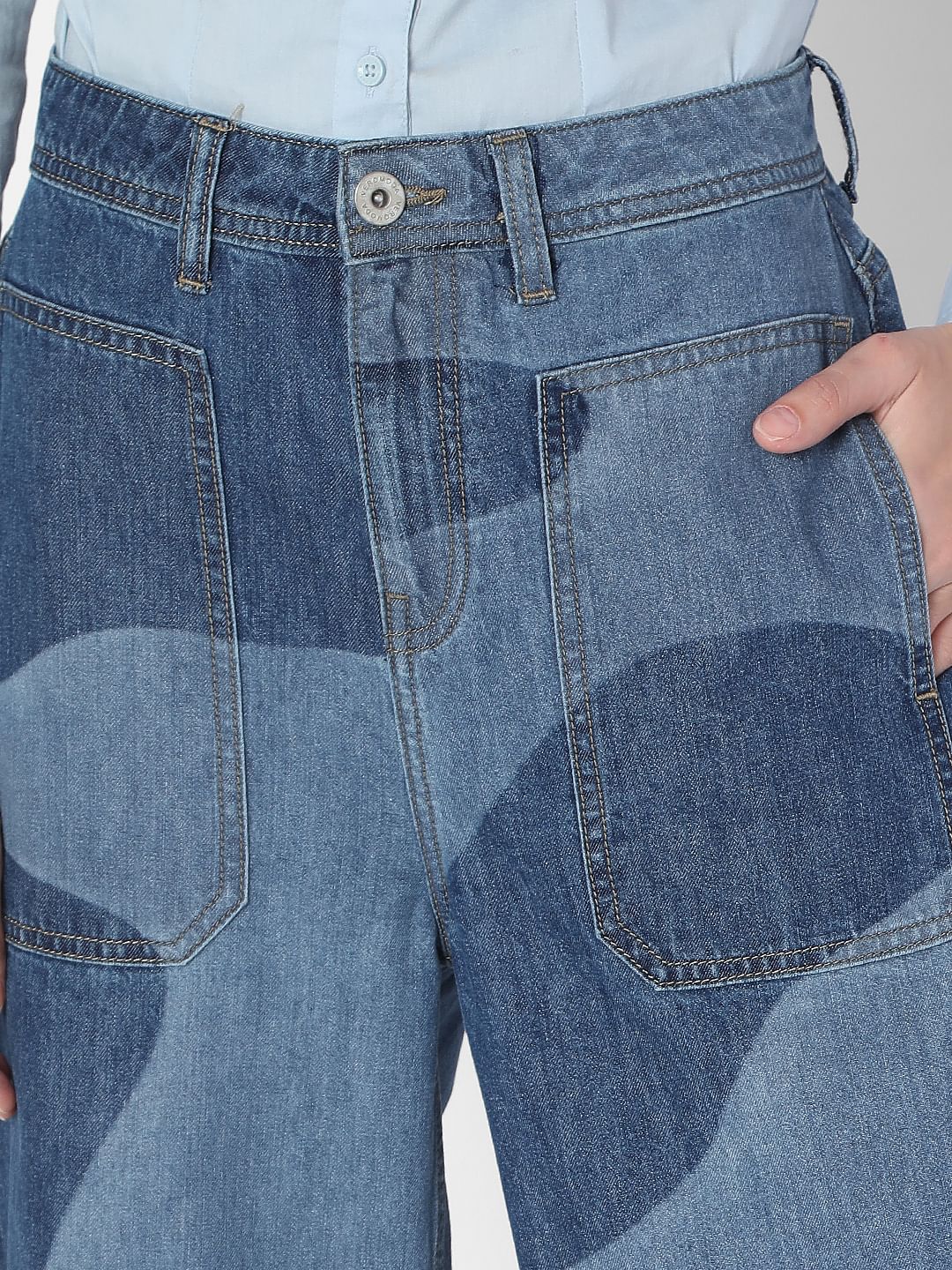 Blue High Rise Printed Wide Leg Jeans