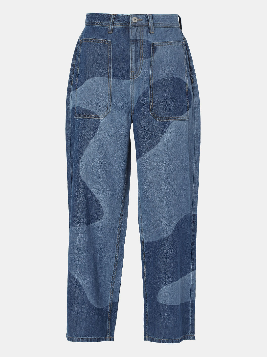 Blue High Rise Printed Wide Leg Jeans