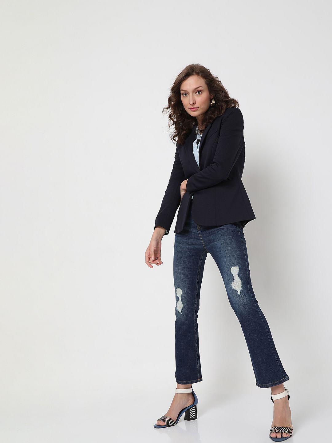 Blue Mid Rise Distressed Petra Bootcut Jeans