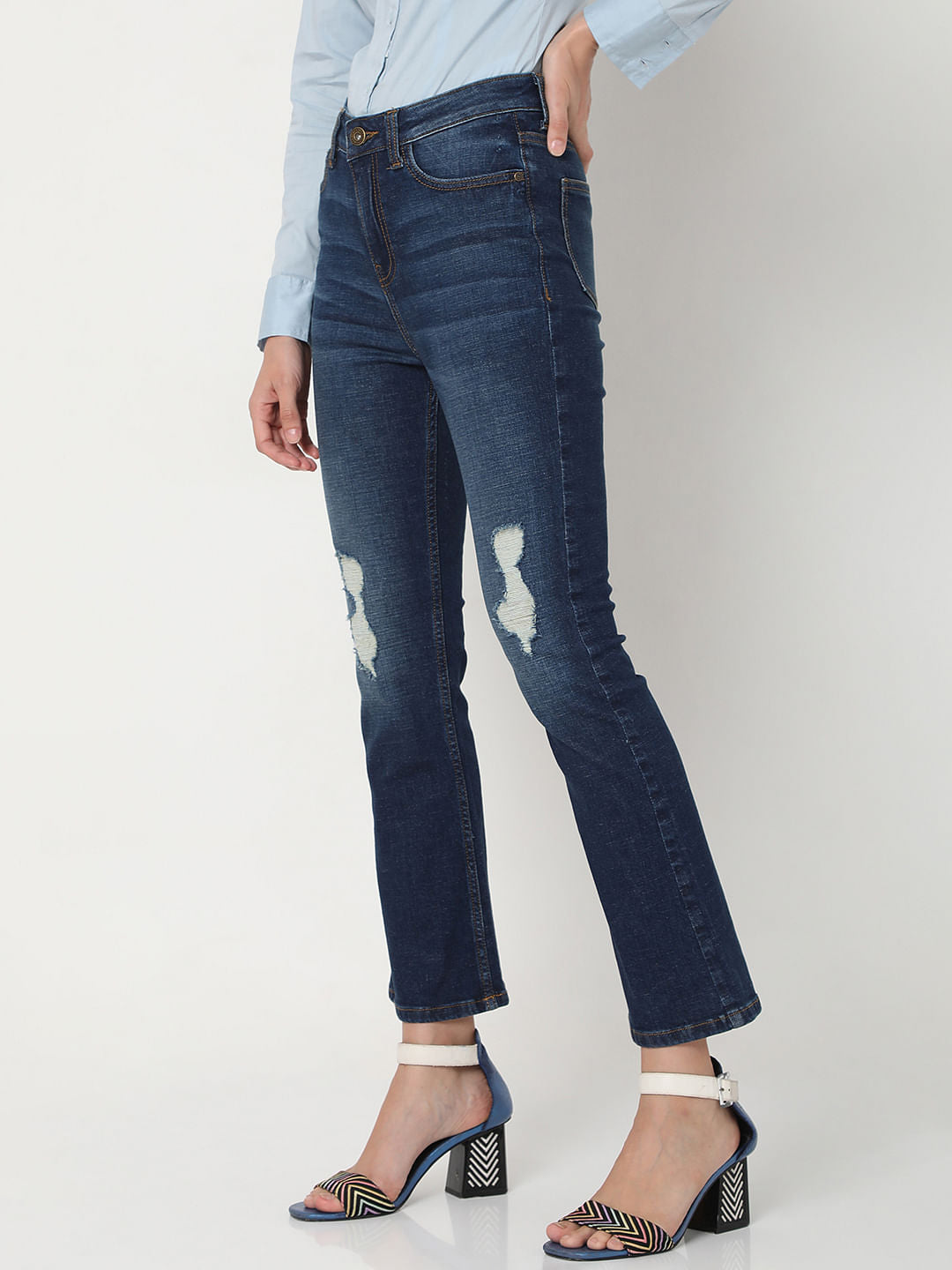 Blue Mid Rise Distressed Petra Bootcut Jeans