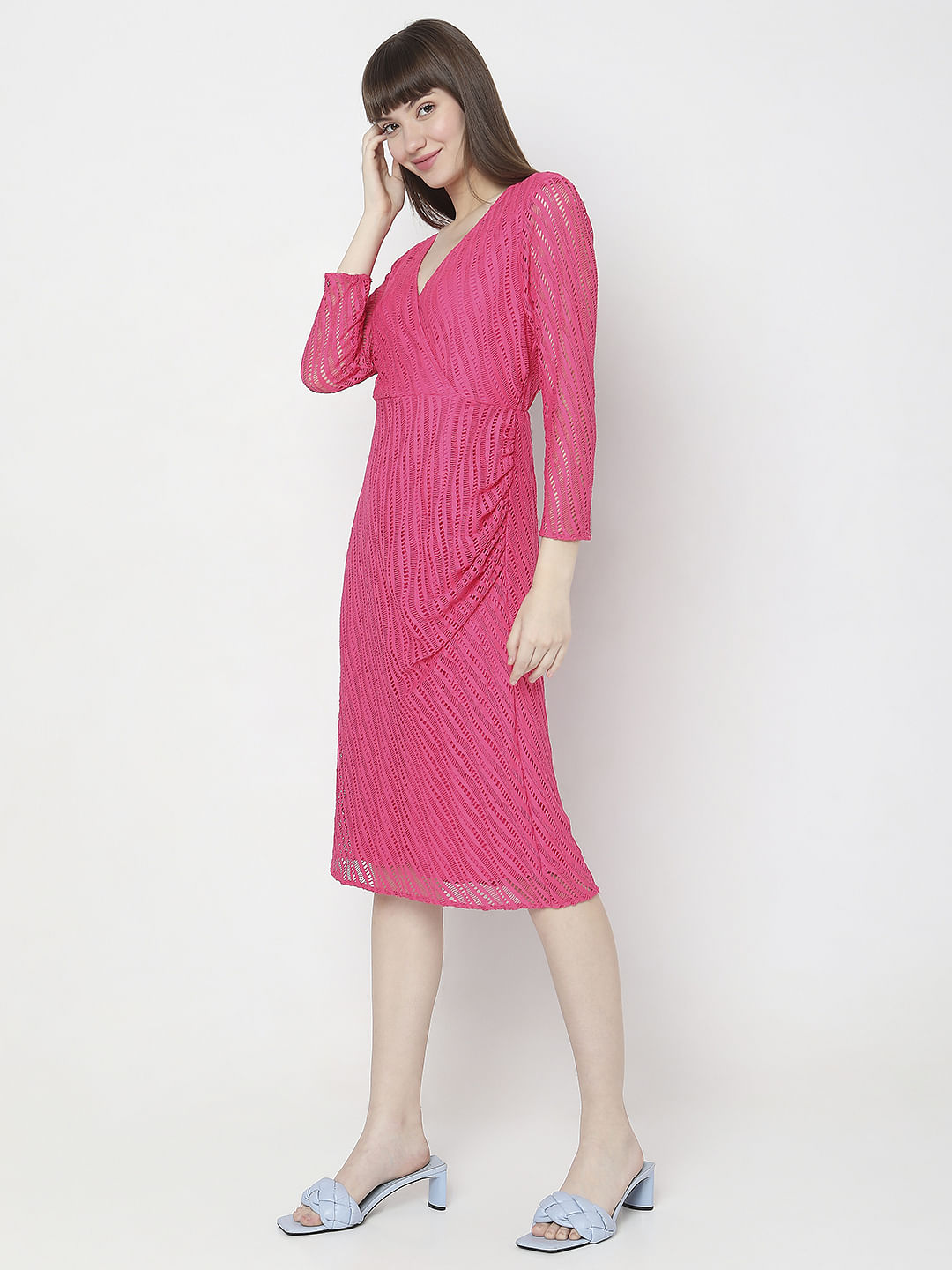 Pink Lace Wrap Midi Dress