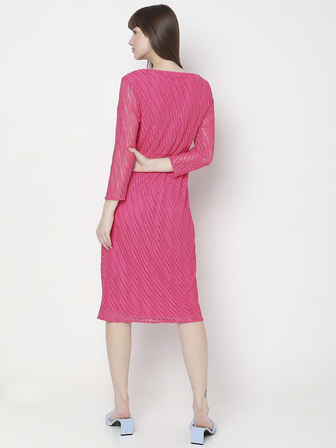 Pink Lace Wrap Midi Dress