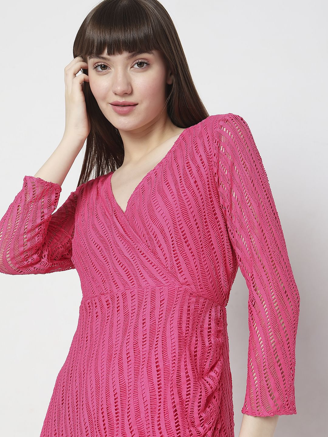 Pink Lace Wrap Midi Dress