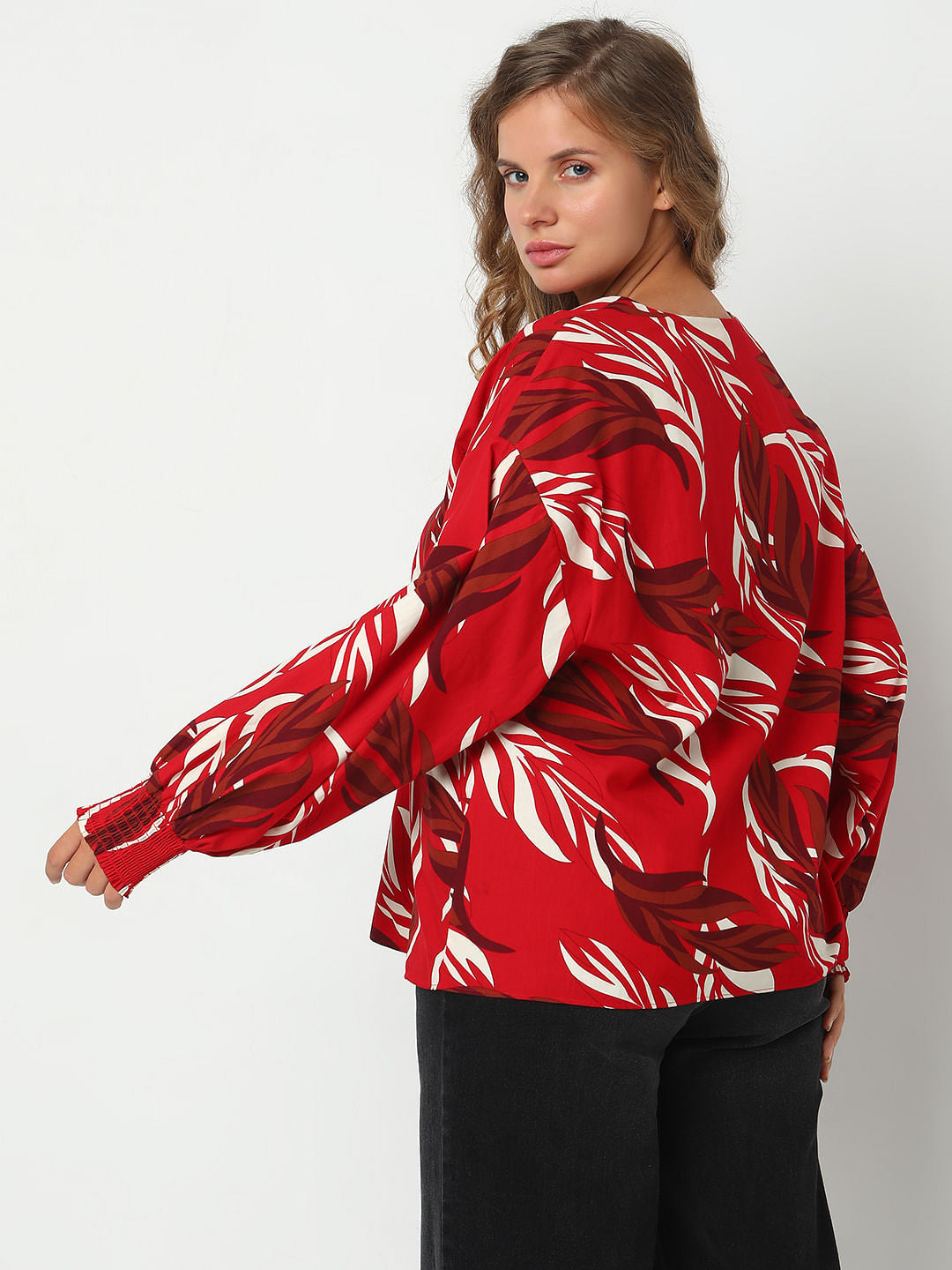 Curve Red Leafy Printed Top