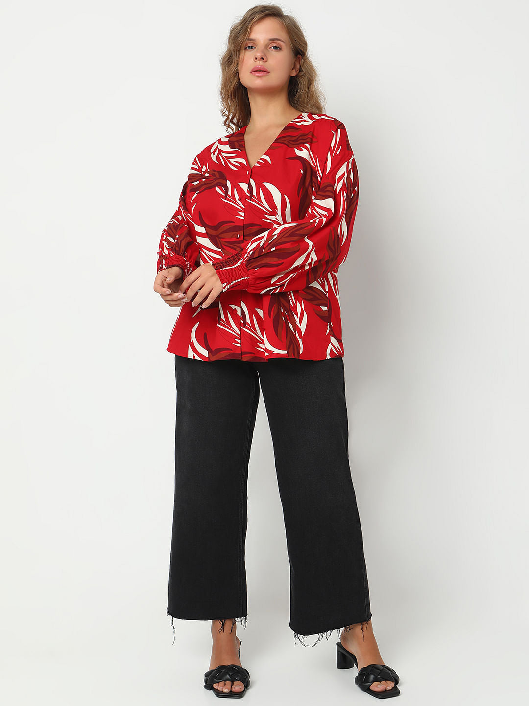 Curve Red Leafy Printed Top