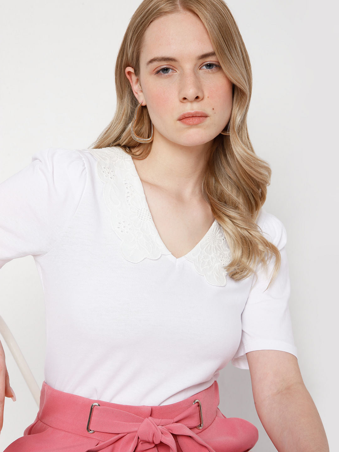White Lace Detail Collar Top