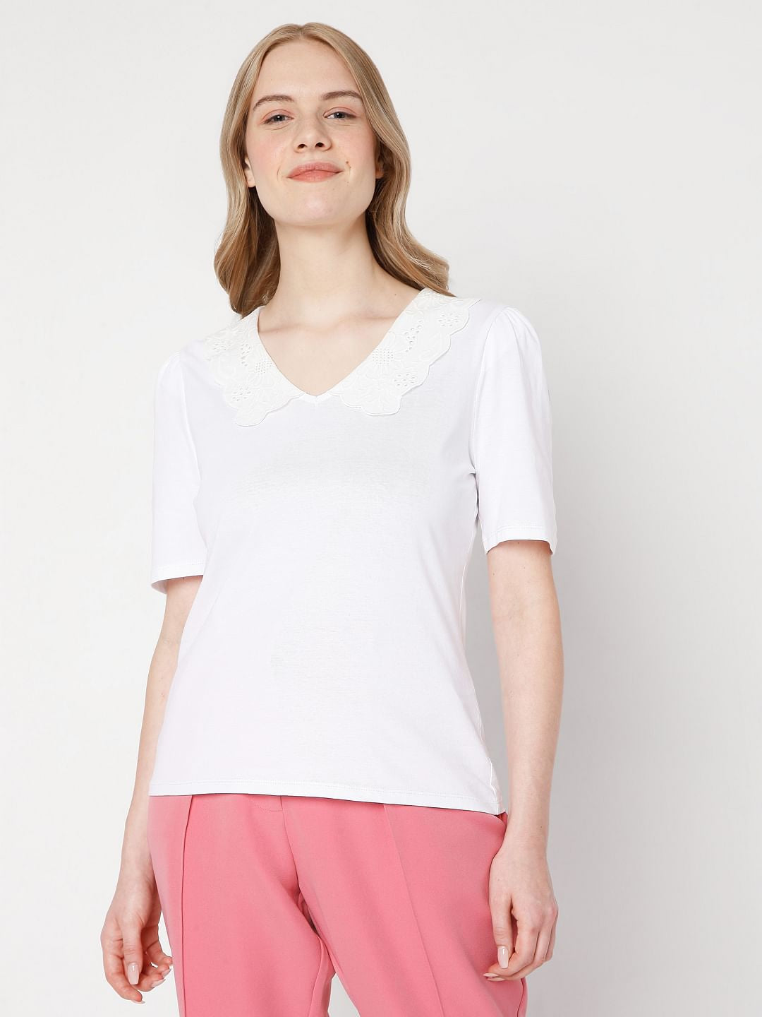 White Lace Detail Collar Top