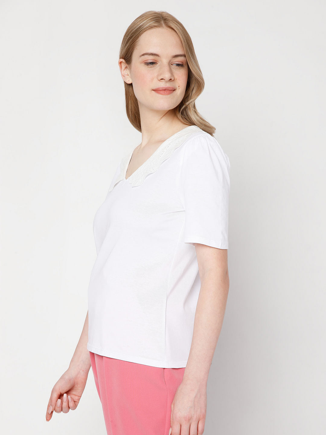 White Lace Detail Collar Top