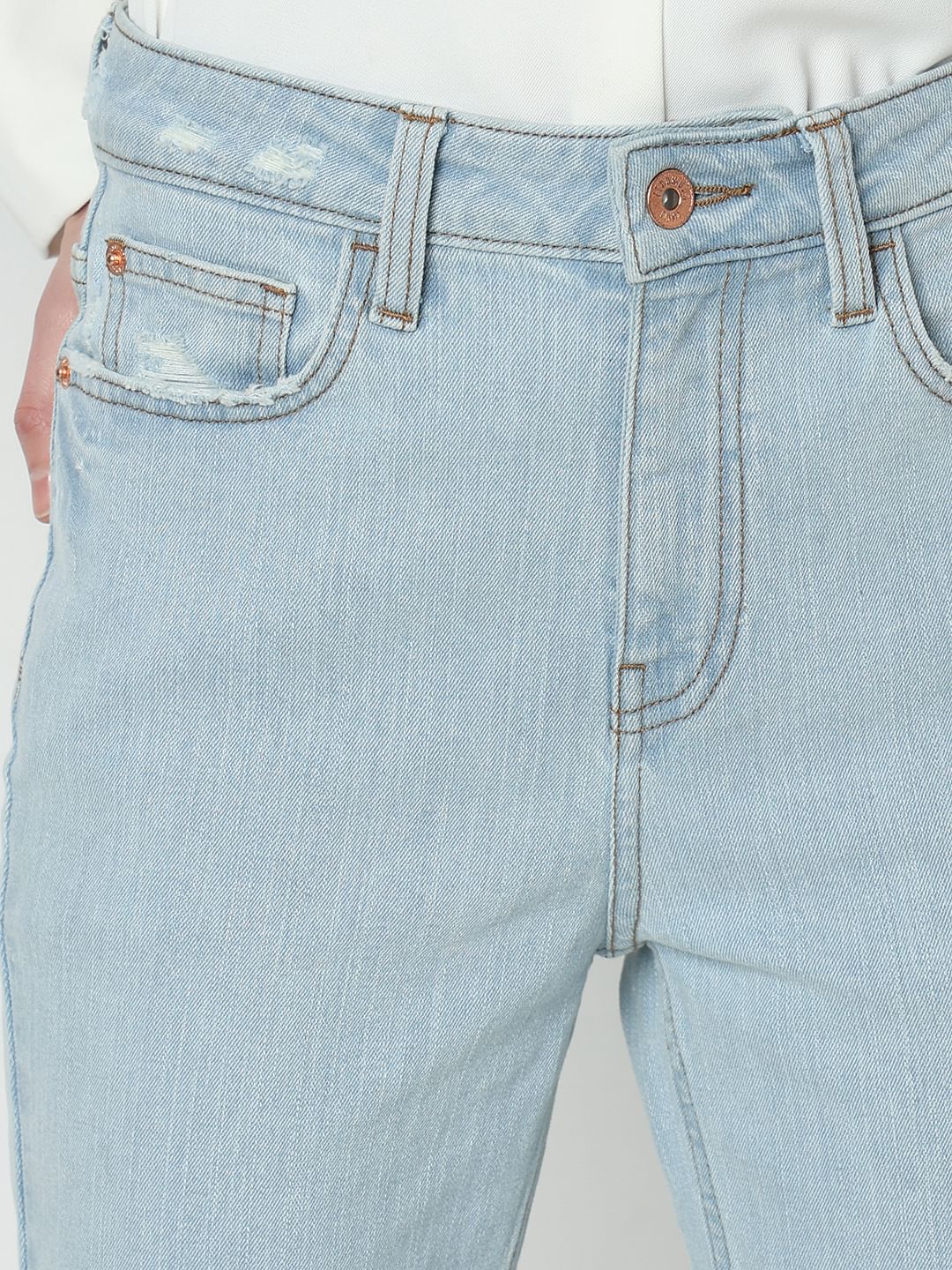 Light Blue High Rise Distressed Jade Straight Jeans