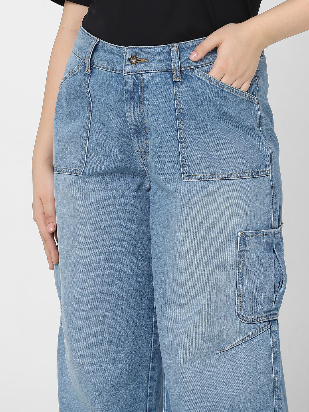 Blue High Rise Cargo Wide Leg Jeans