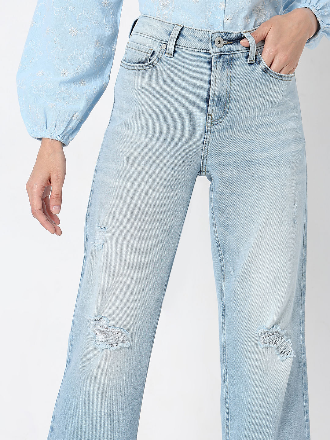 Light Blue High Rise Distressed Zoey Wide-Leg Jeans