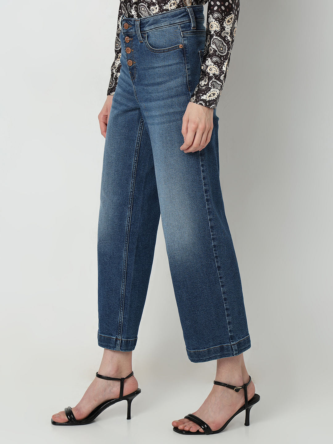 Blue High Rise Buttoned Zoey Wide-Leg Jeans