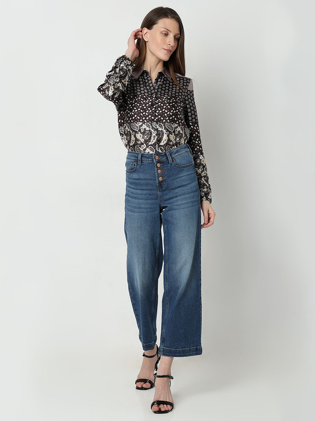 Blue High Rise Buttoned Zoey Wide-Leg Jeans