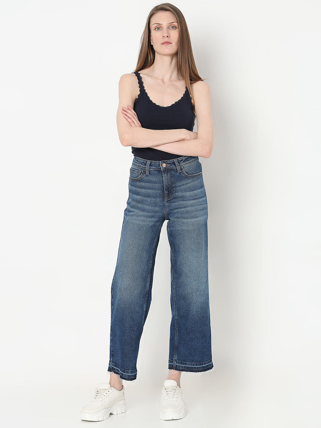 Dark Blue Faded Zoey Wide-Leg Jeans