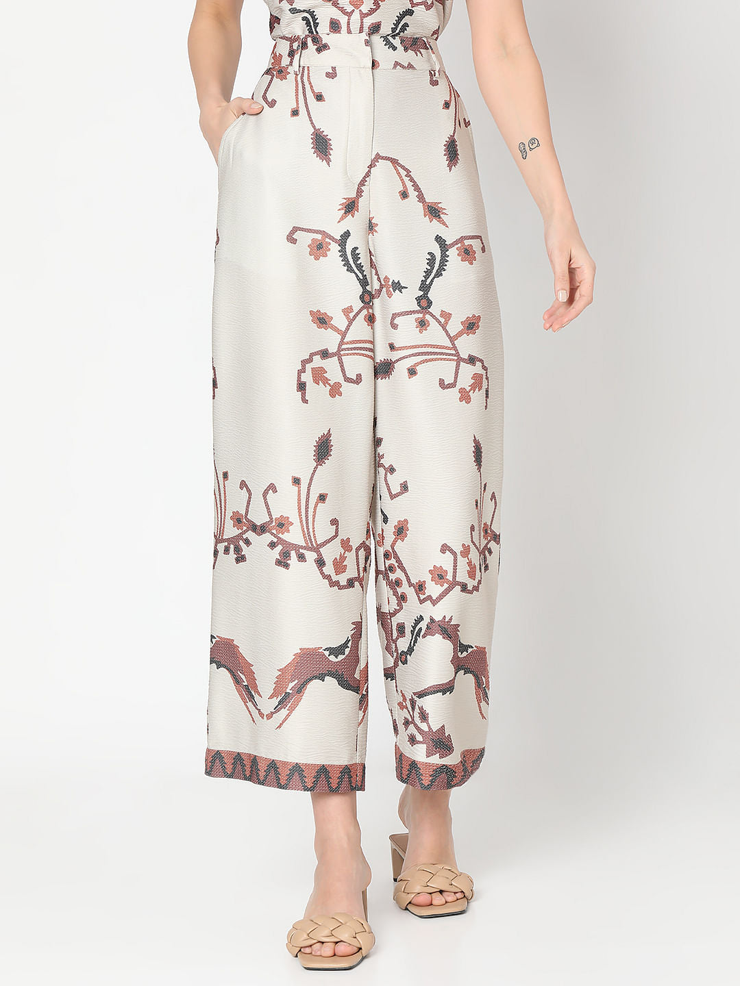 Beige High Rise Printed Co-Ord Set Pants