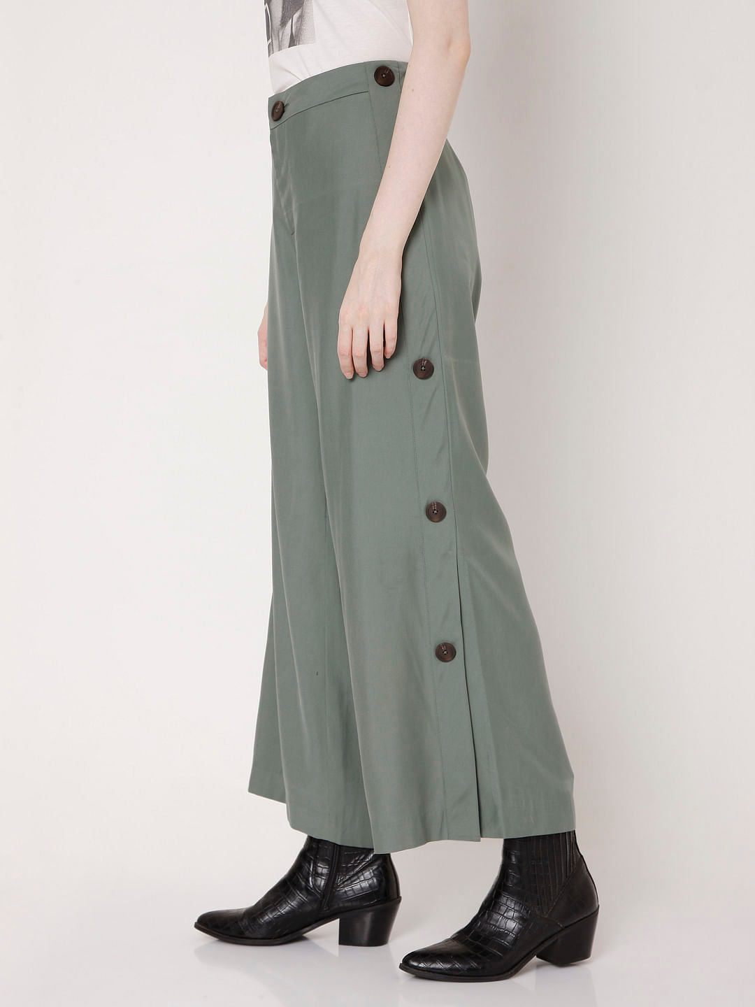 Olive Green Flared Slit Pants