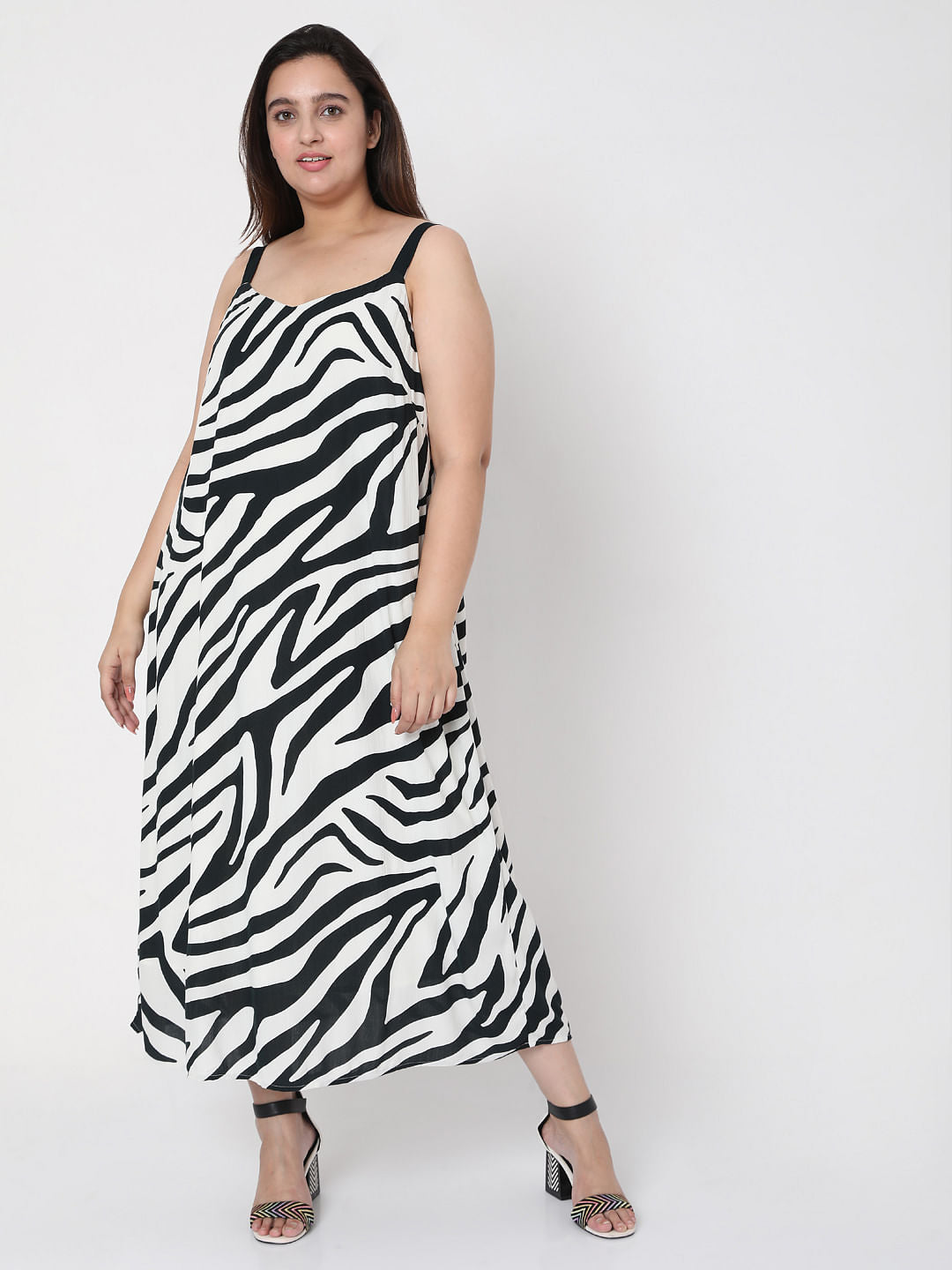 Curve Black & White Printed Midi Dress