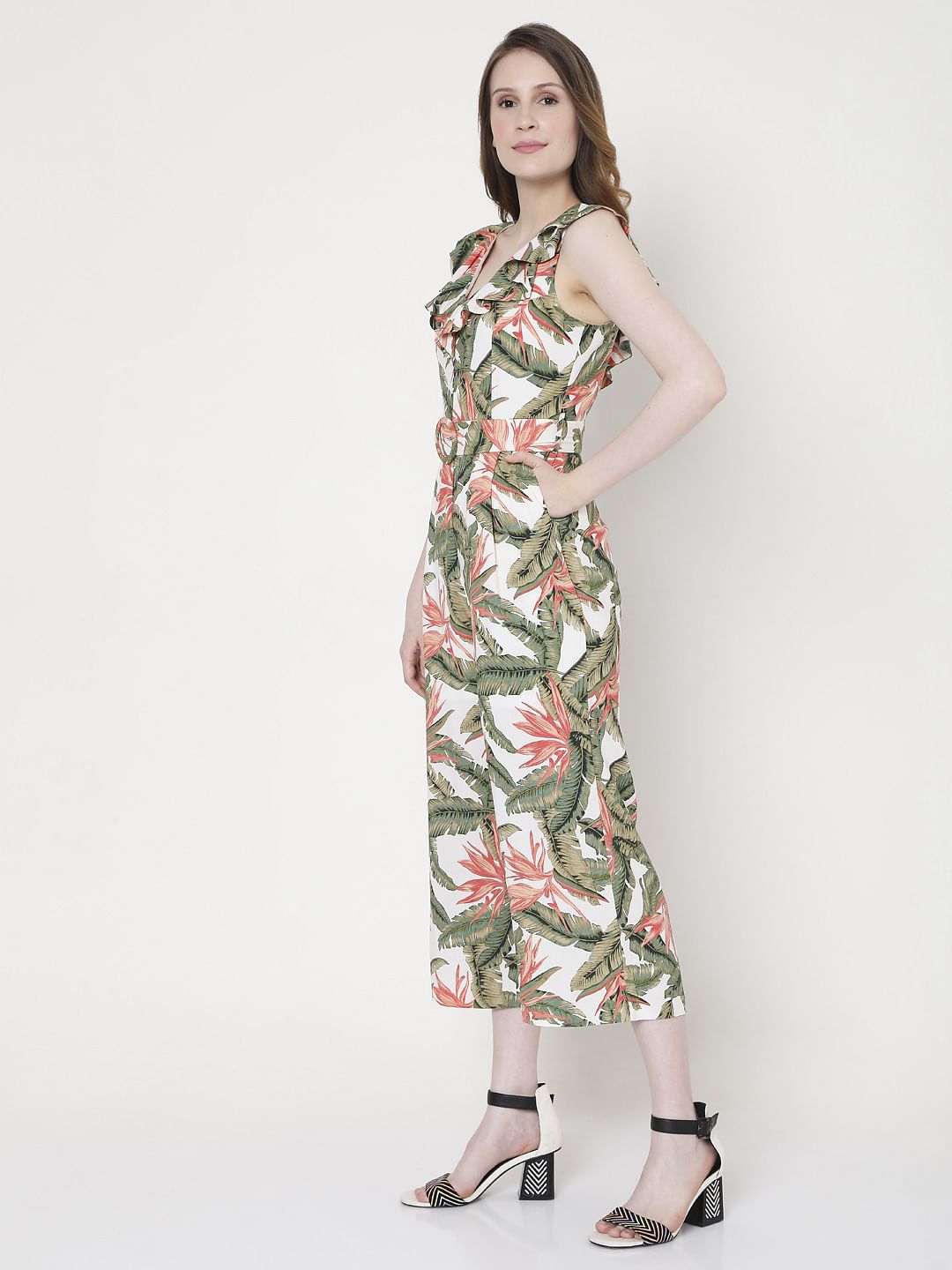 White & Green Tropical Print Jumpsuit