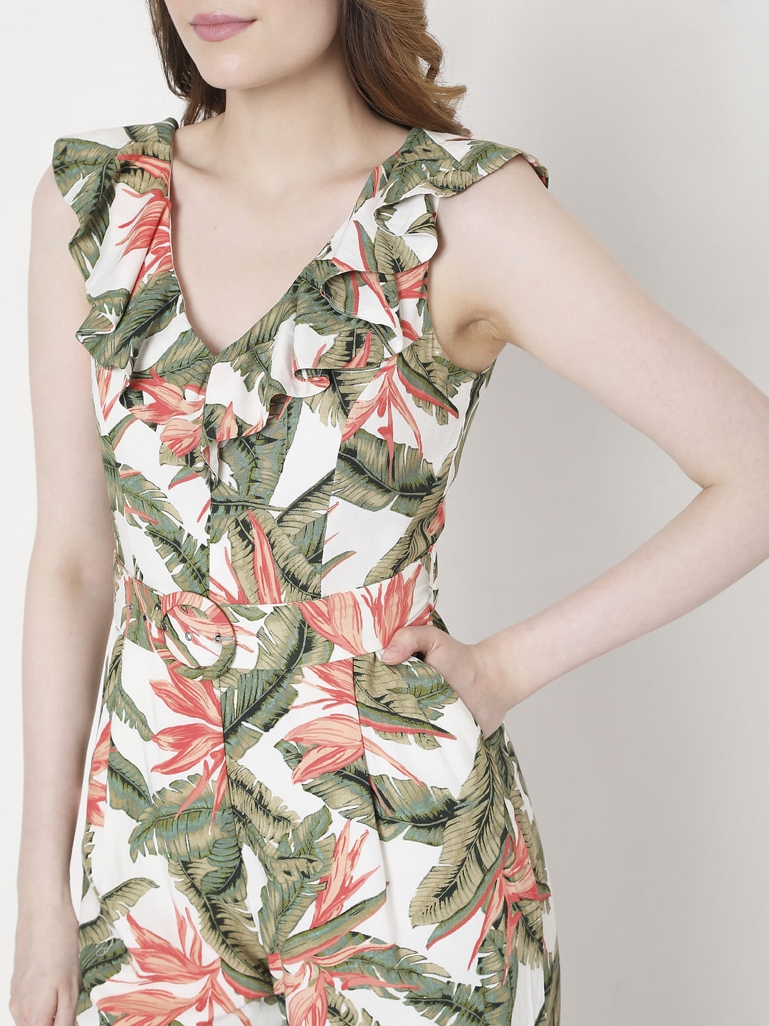 White & Green Tropical Print Jumpsuit