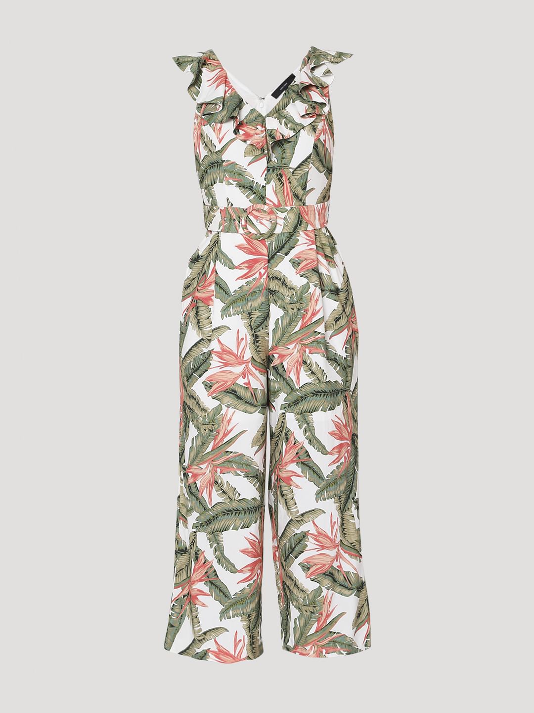 White & Green Tropical Print Jumpsuit