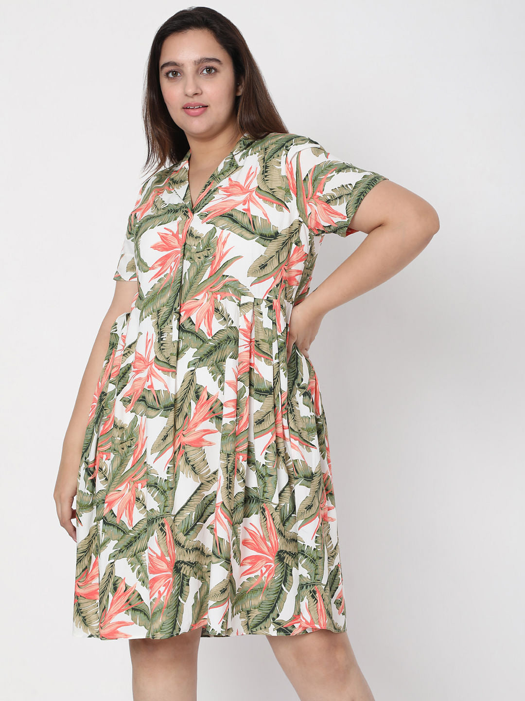 Curve White Collared Tropical Print Dress