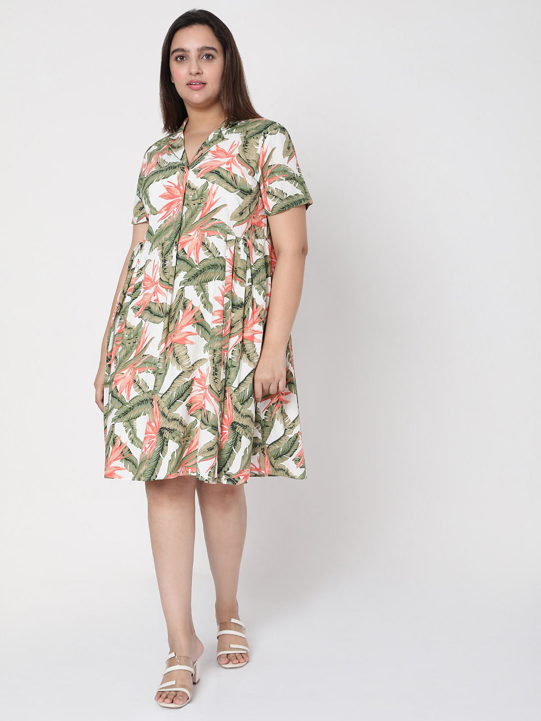 Curve White Collared Tropical Print Dress