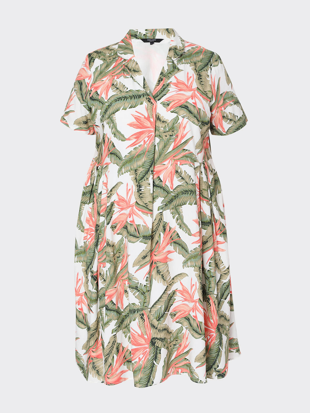 Curve White Collared Tropical Print Dress